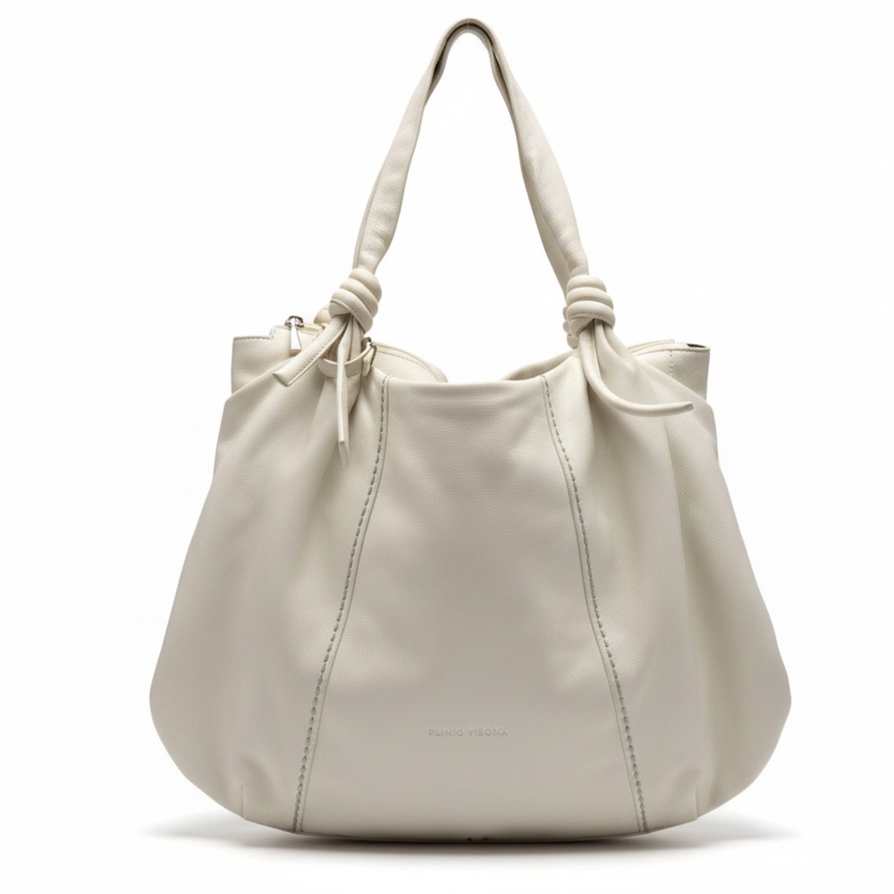 Plinio Visona Italy Cream Leather Knotted Hobo Tote Bag Zip Top OS